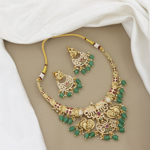 Antique Gold Peacock Necklace Set with Green Beads