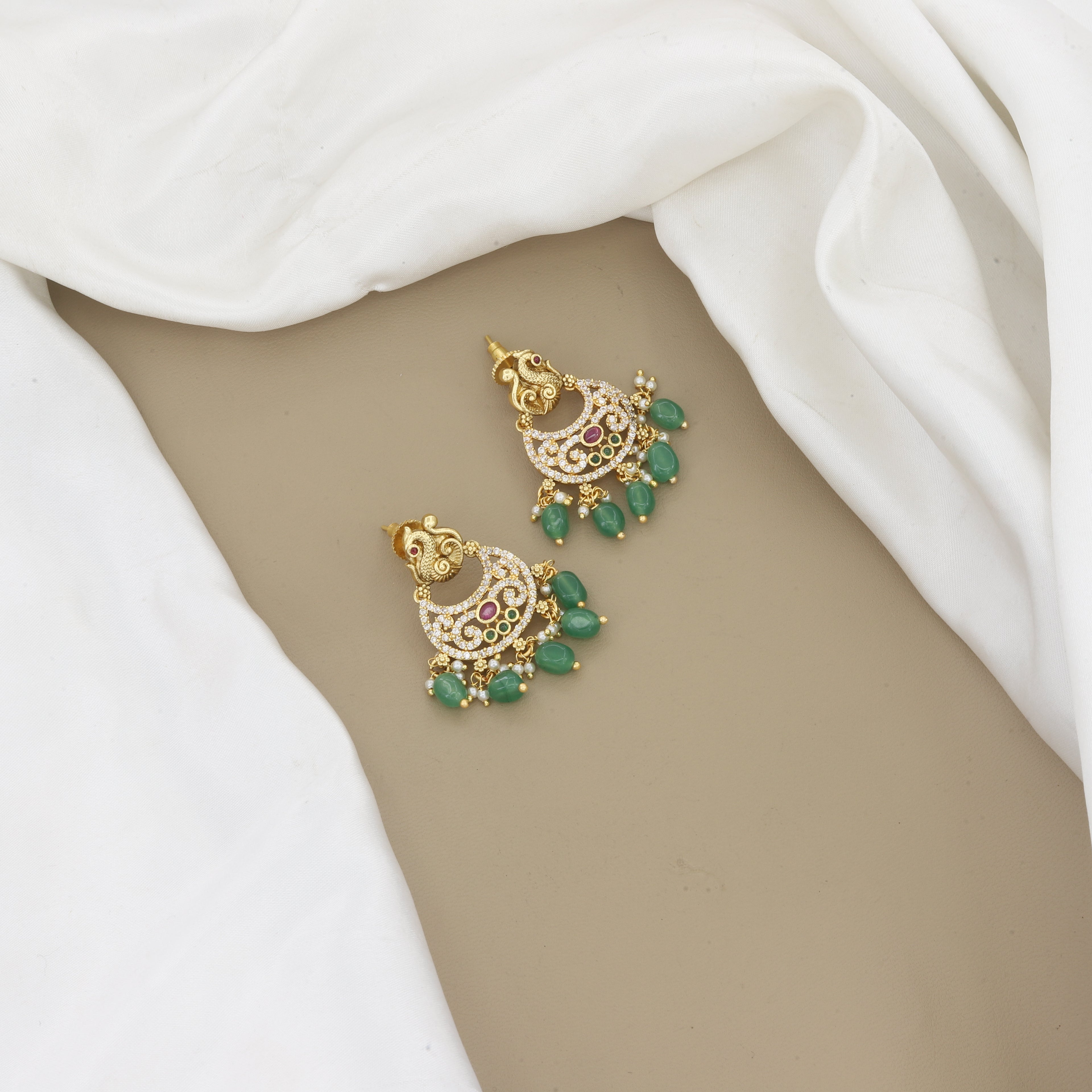 Antique Gold Peacock Necklace Set with Green Beads