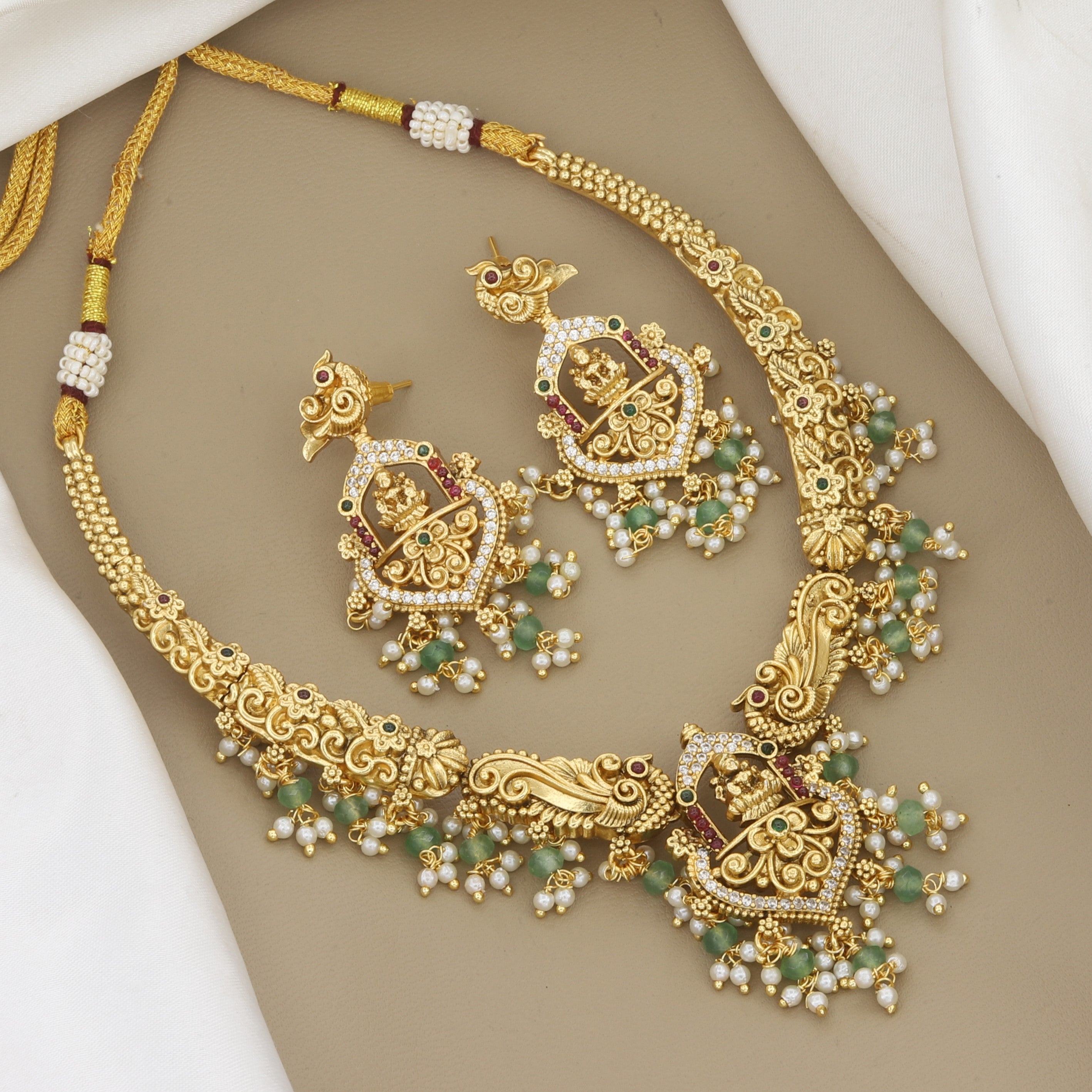 Antique Gold Temple Jewelry Set with Pearls & Green Beads