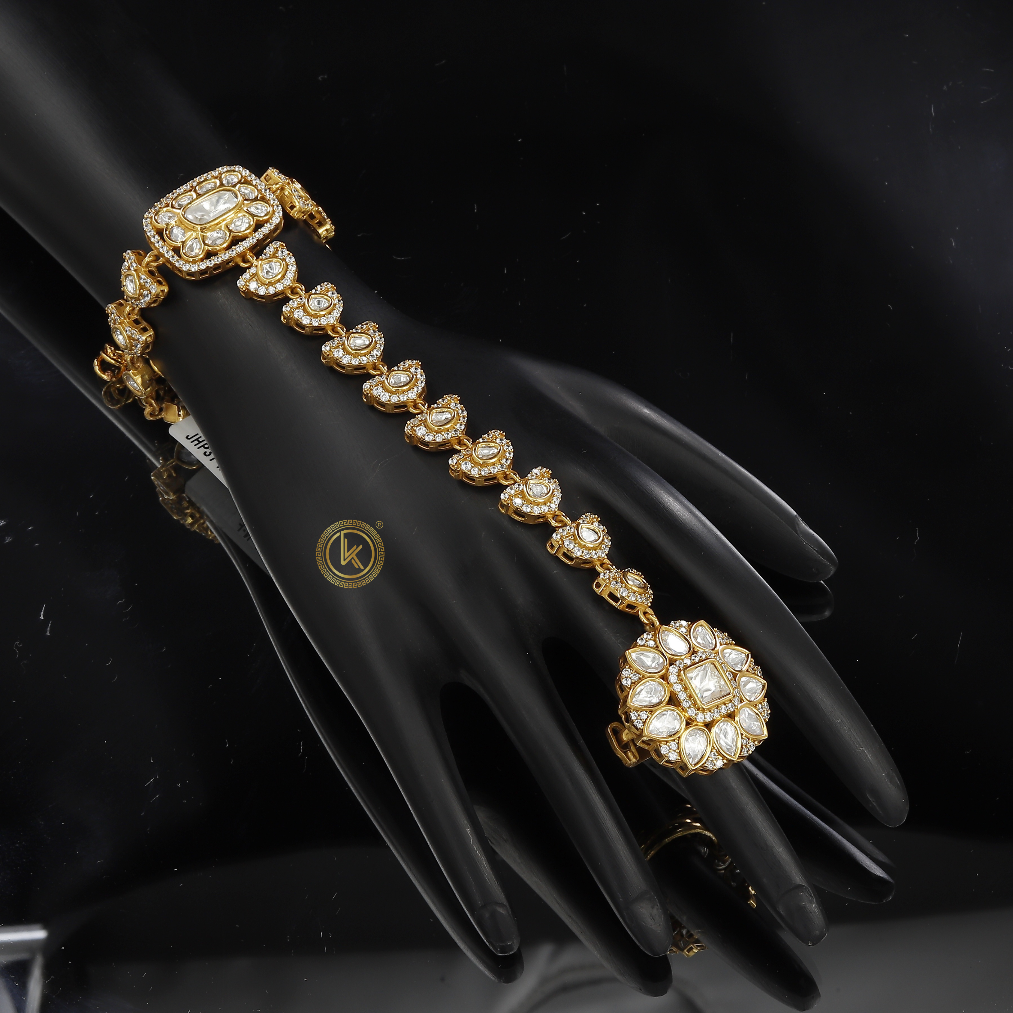 Beautiful Gold Plated Hand Ornament with Kundan & Pearls