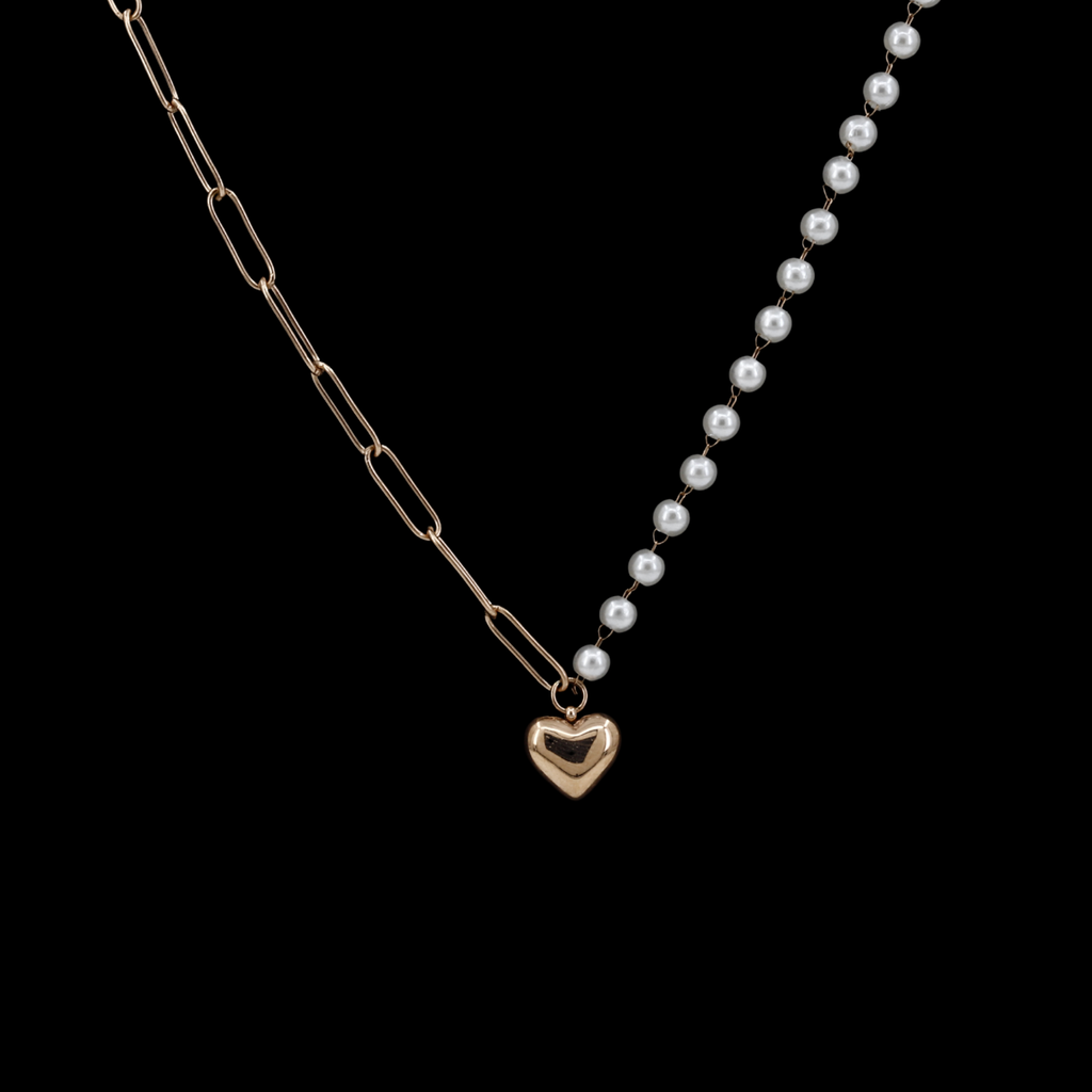 Heart Charm Asymmetrical Pearl & Gold Link Necklace