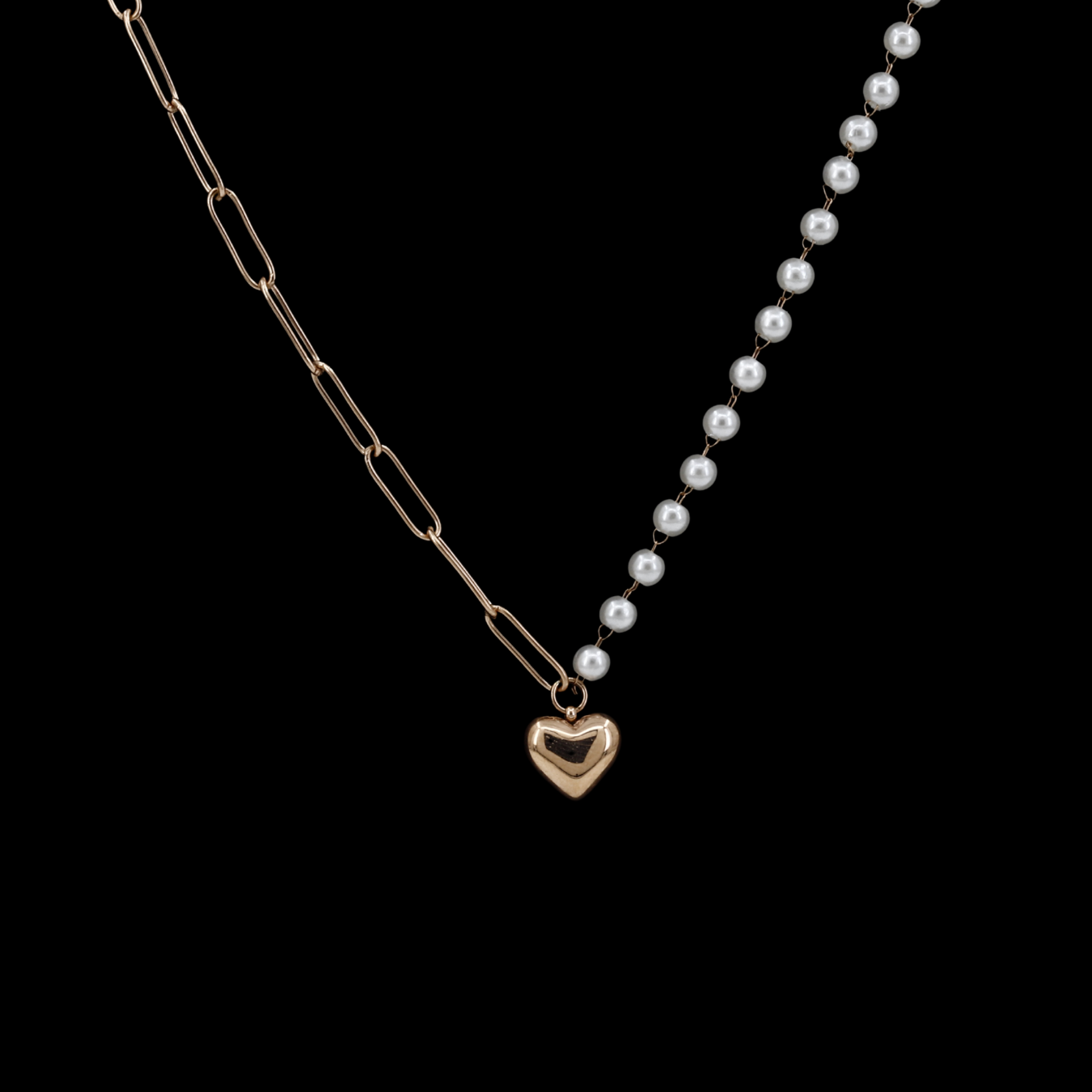 Heart Charm Asymmetrical Pearl & Gold Link Necklace