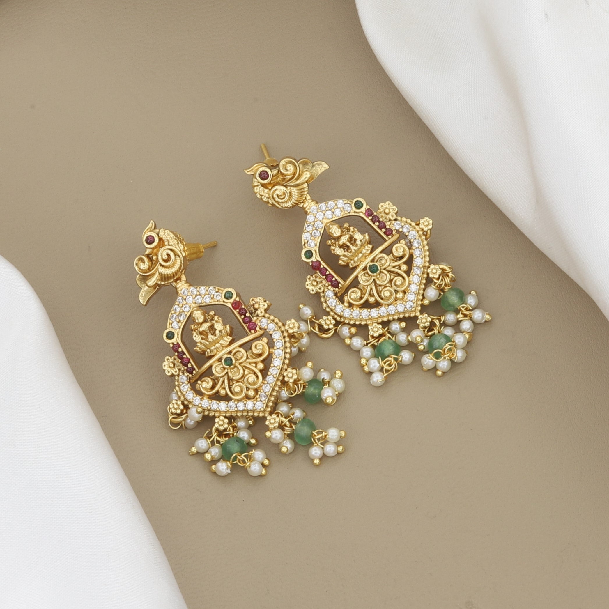 Antique Gold Temple Jewelry Set with Pearls & Green Beads