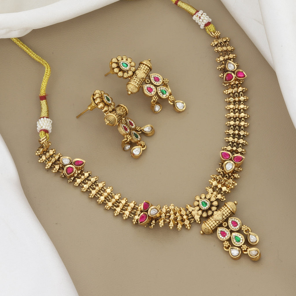 Elegant Antique Gold Floral Necklace & Earring Set