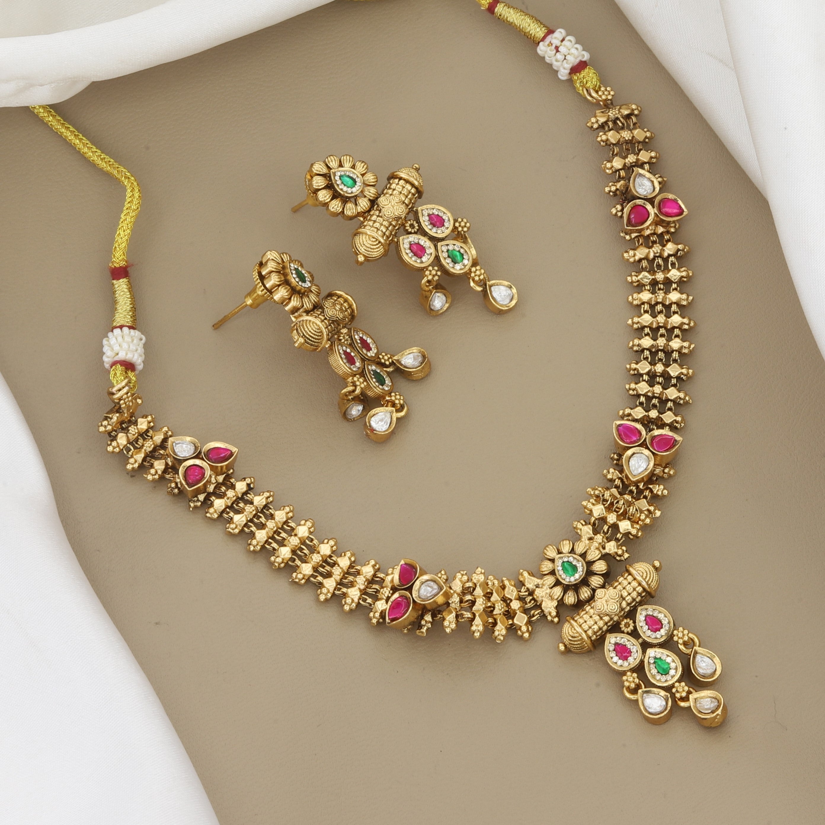 Elegant Antique Gold Floral Necklace & Earring Set