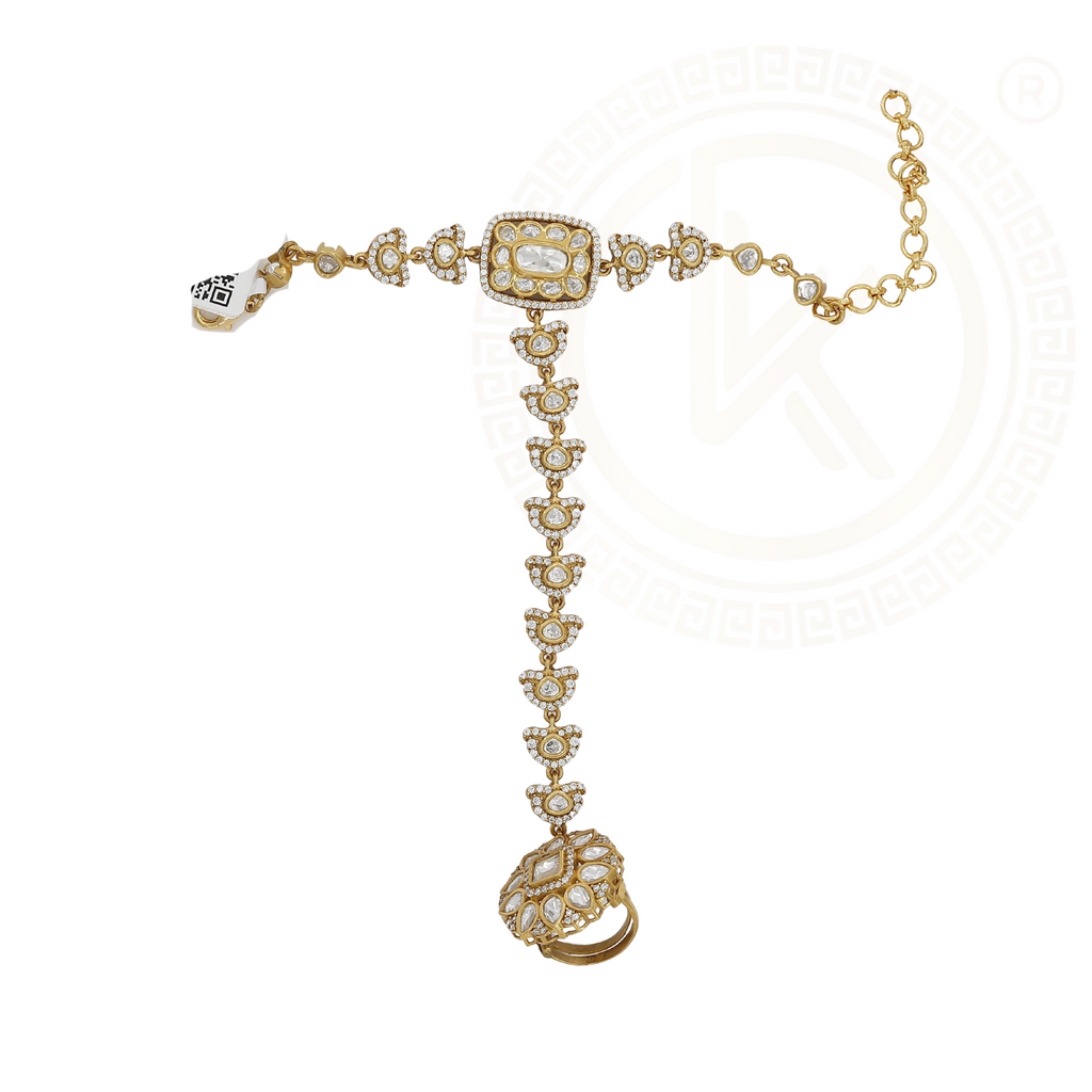 Beautiful Gold Plated Hand Ornament with Kundan & Pearls