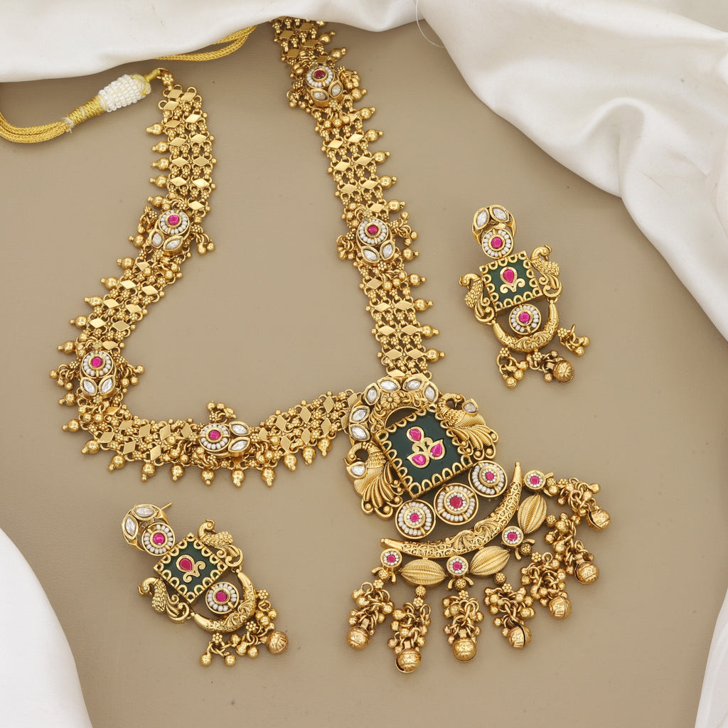 Long Gold-Plated Ethnic Statement Pendant Necklace Set