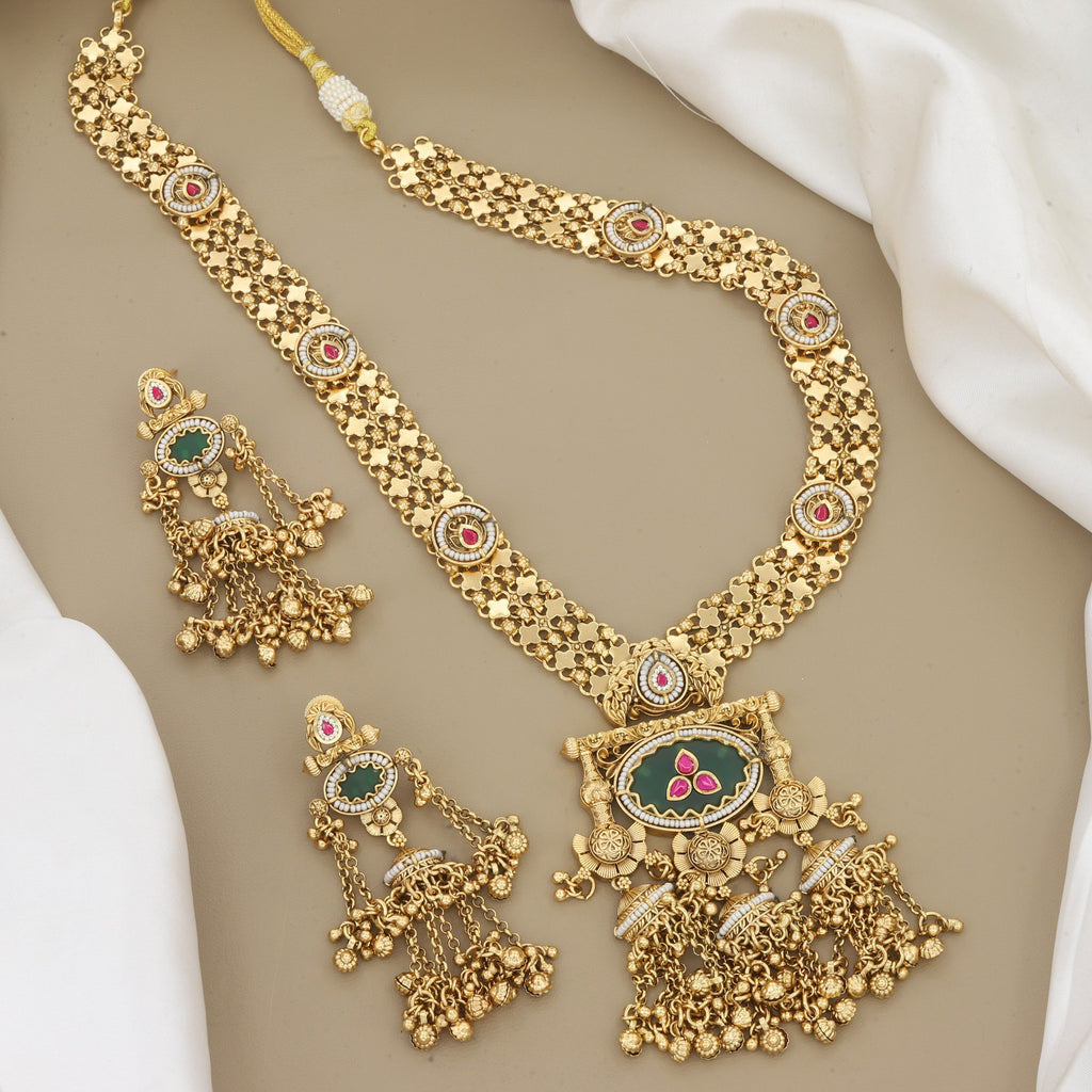 Antique Gold Toned Intricate Long Necklace Set