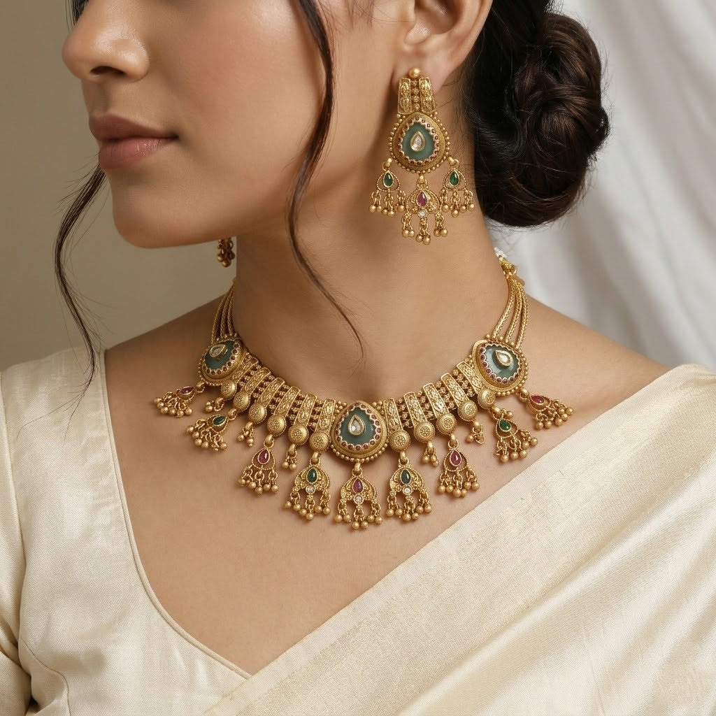 Traditional Antique Necklace with Detailed Meenakari & Gold Ghungroo Drops