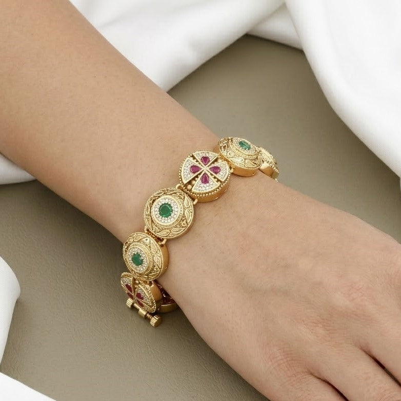 Royal Emerald & Ruby Gold-Plated Circular Medallion Bracelet