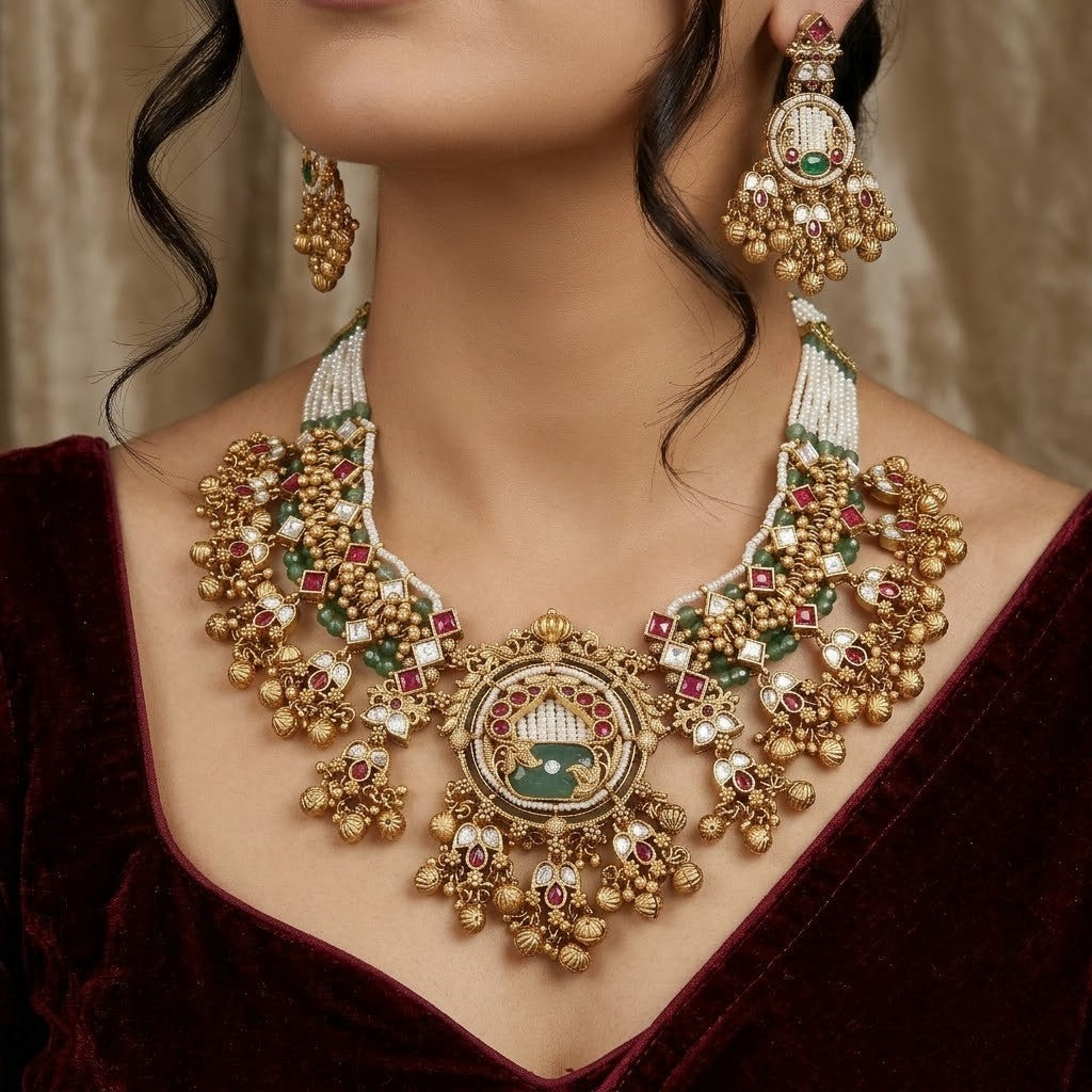 Regal Kundan & Ruby Necklace Set with Intricate Green Stone Detail
