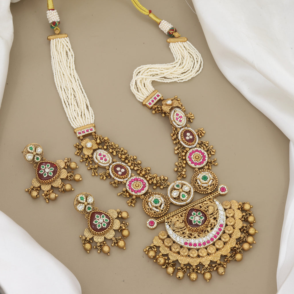 Long Multi-Strand Pearl & Antique Gold Kundan Necklace Set