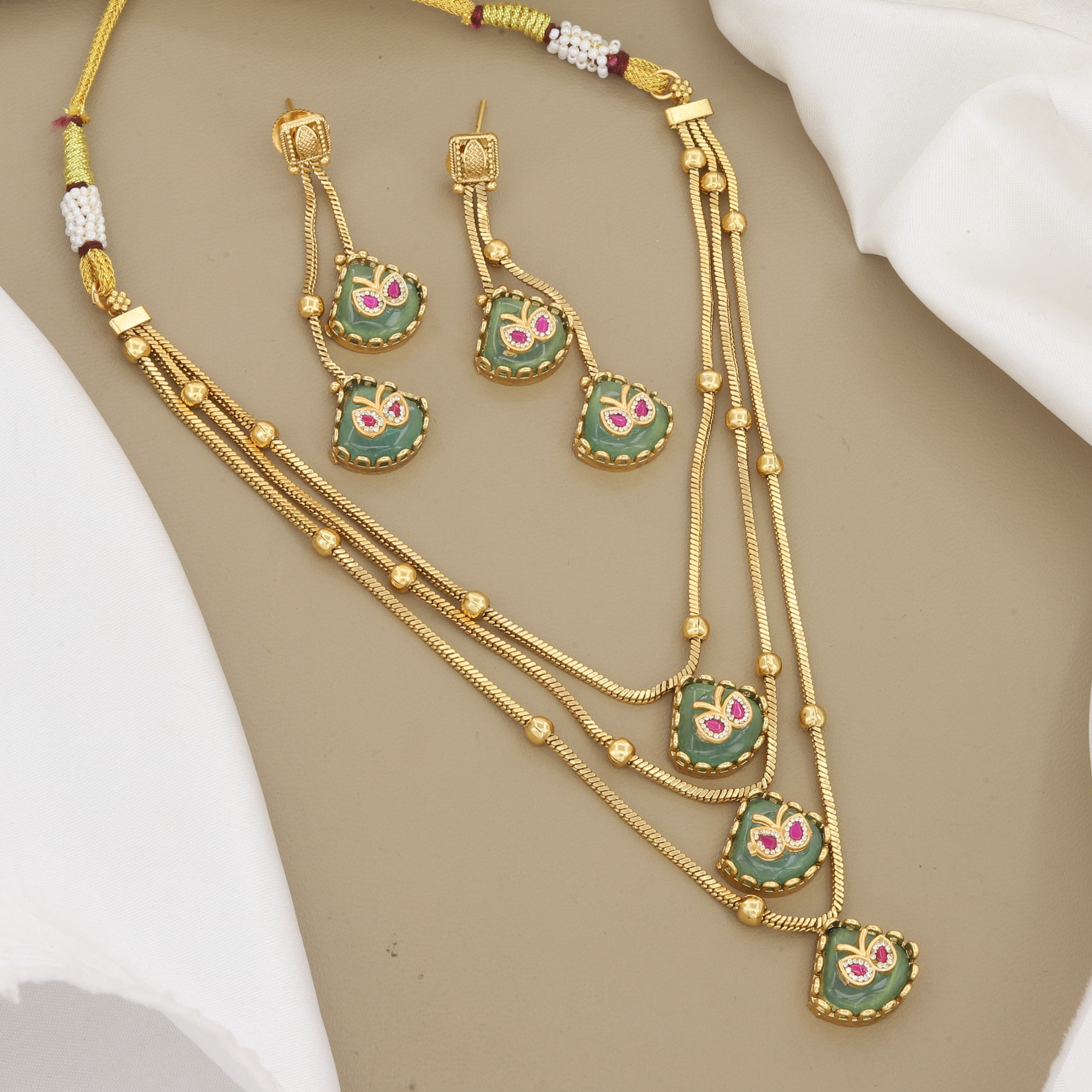 3-Layer Gold Multi-Strand Necklace Set with Green Stones