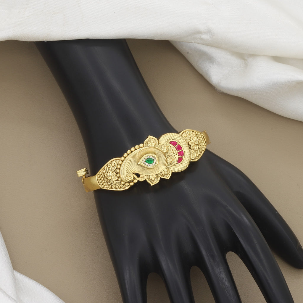 Antique Gold Plated Paisley Kada Bangle with Red & Green Stones