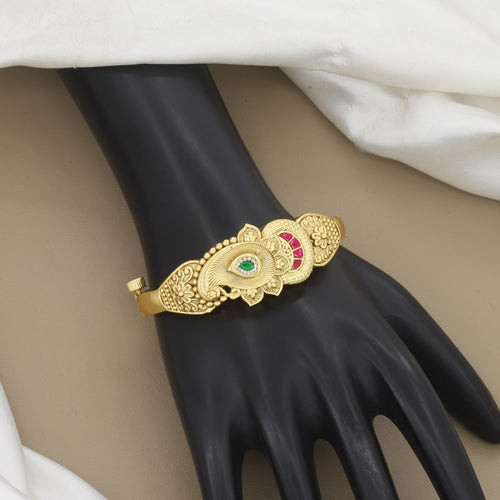 Antique Gold Plated Paisley Kada Bangle with Red & Green Stones
