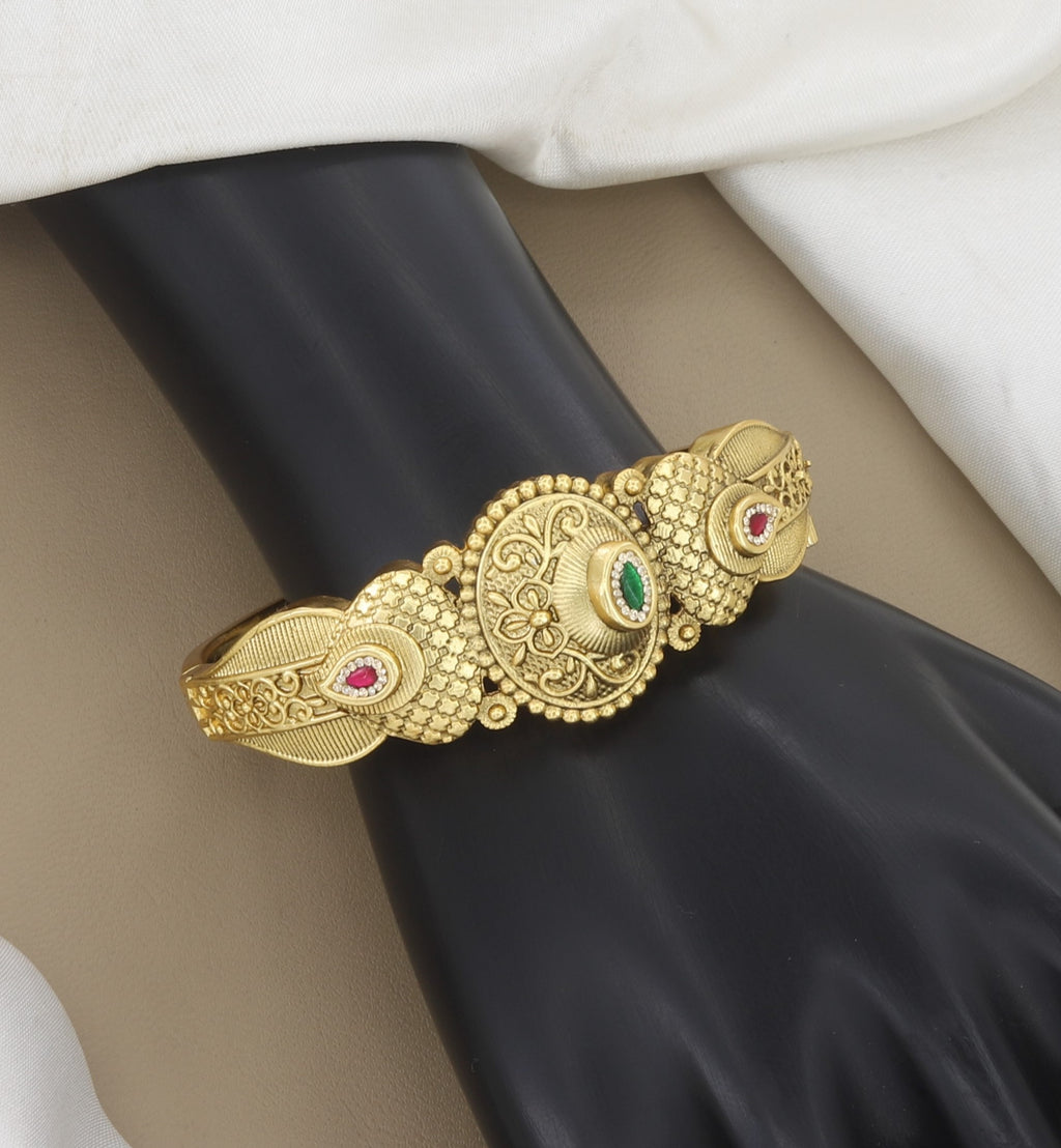 Antique Gold Kada Bangle with Red & Green Stones