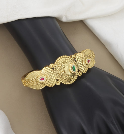 Antique Gold Kada Bangle with Red & Green Stones