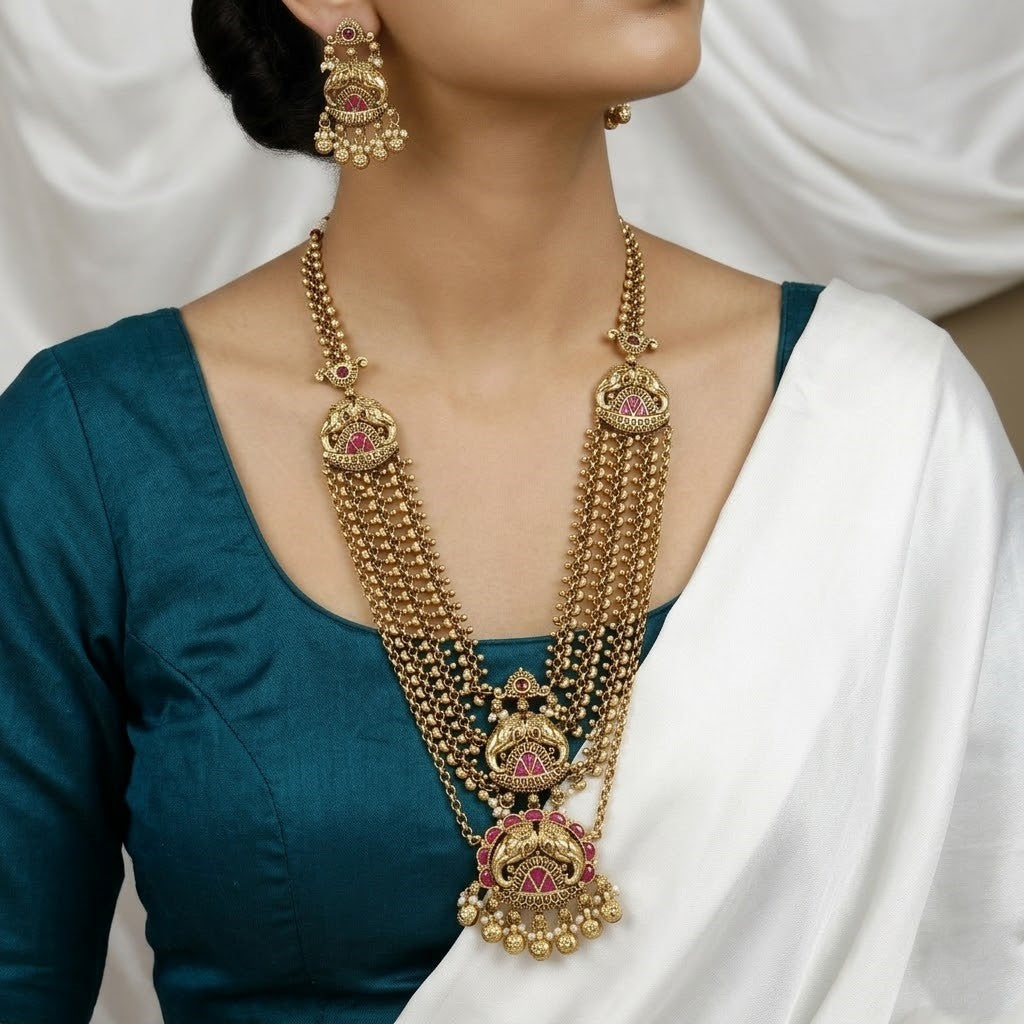 Antique Gold-Plated Multi-Layered Elephant Motif Long Necklace with Pink Stones