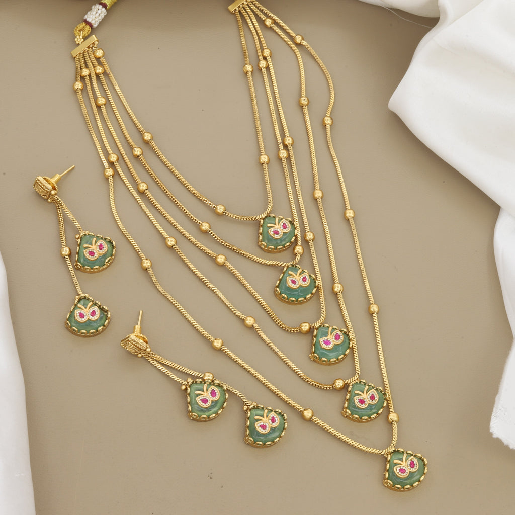 Layered Gold Multi-Strand Necklace Set with Green Stones