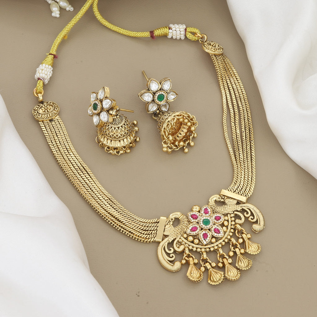 Antique Gold Peacock Wedding Necklace Set with Traditional Jhumkas