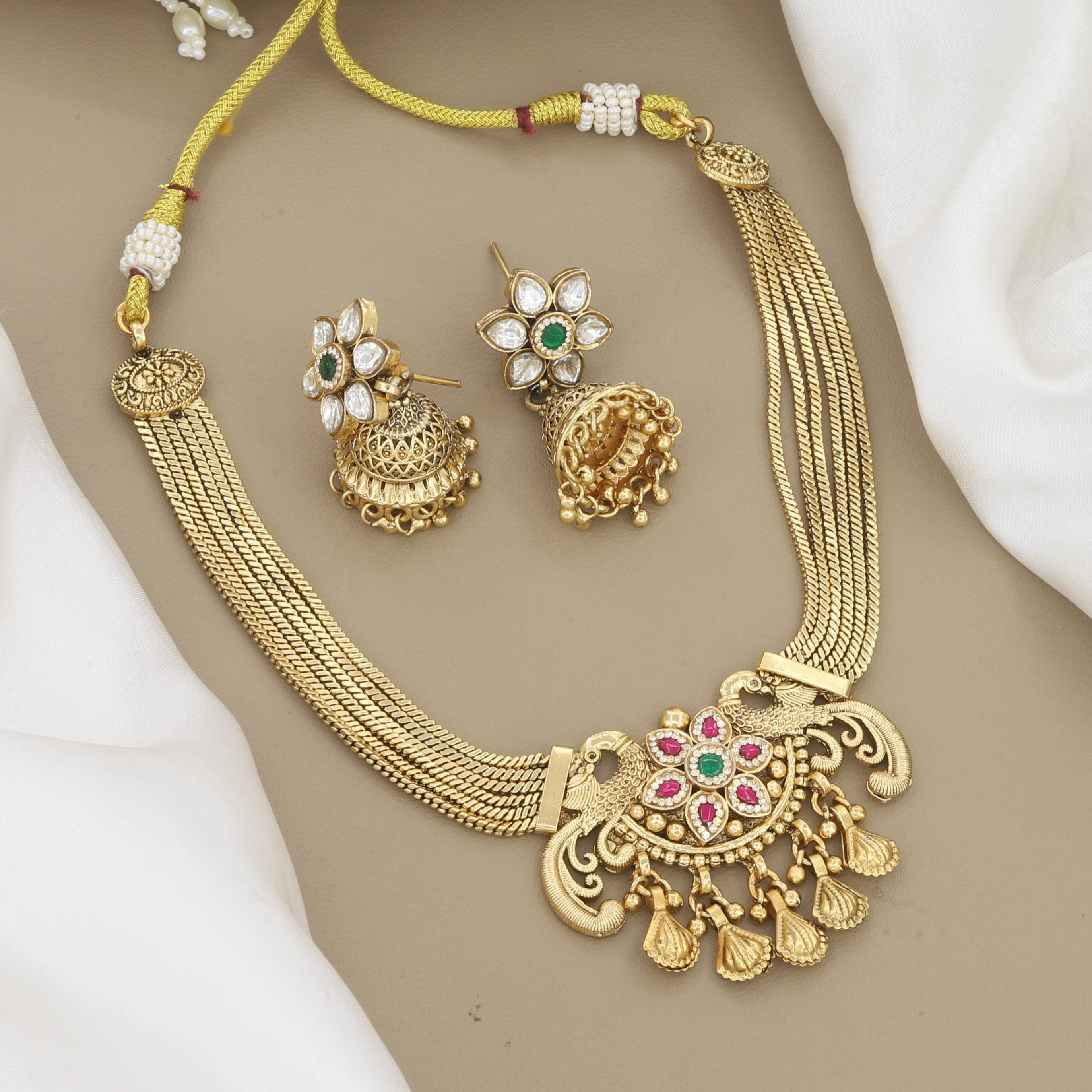 Antique Gold Peacock Wedding Necklace Set with Traditional Jhumkas