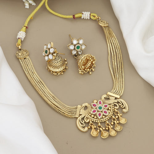 Antique Gold Peacock Wedding Necklace Set with Traditional Jhumkas