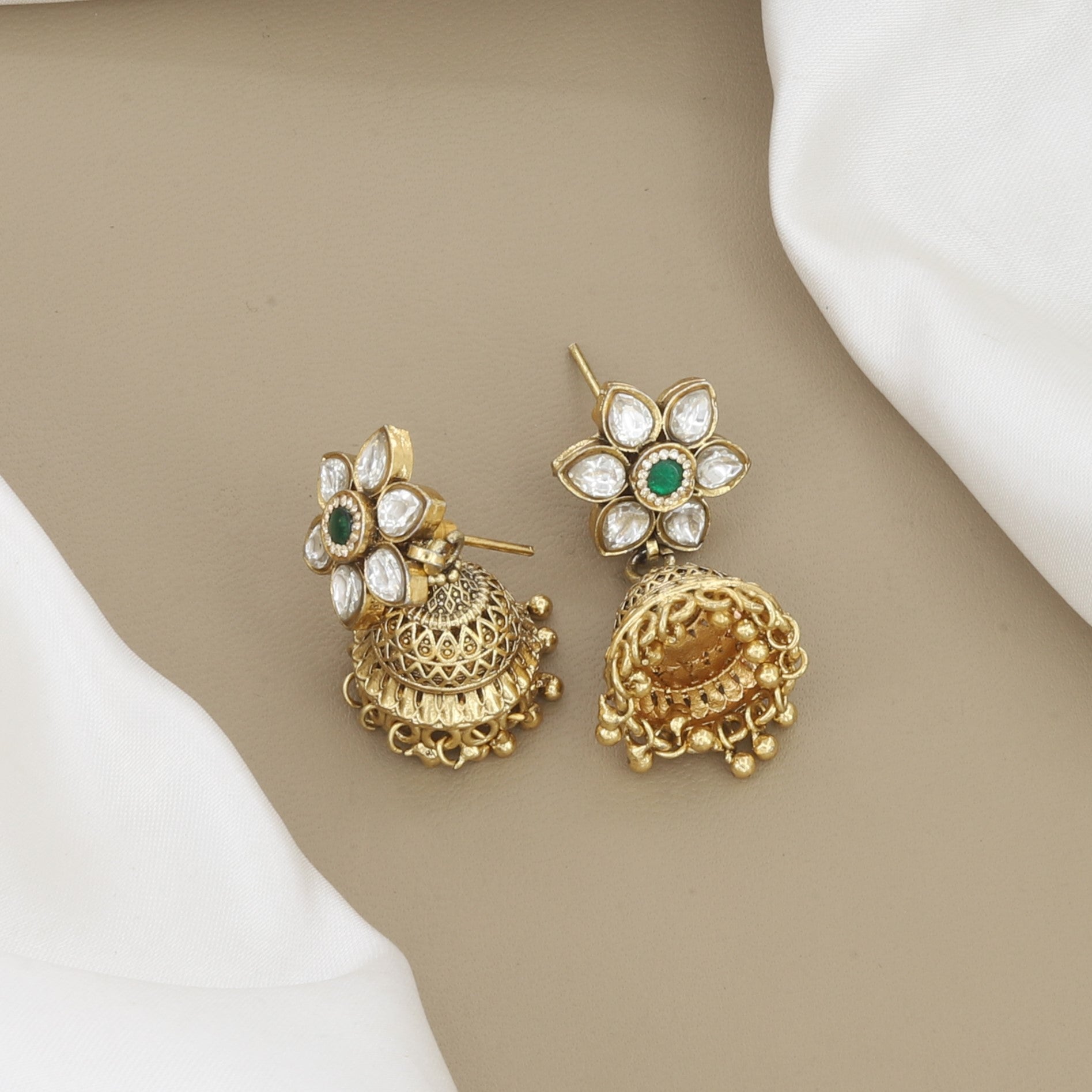 Antique Gold Peacock Wedding Necklace Set with Traditional Jhumkas