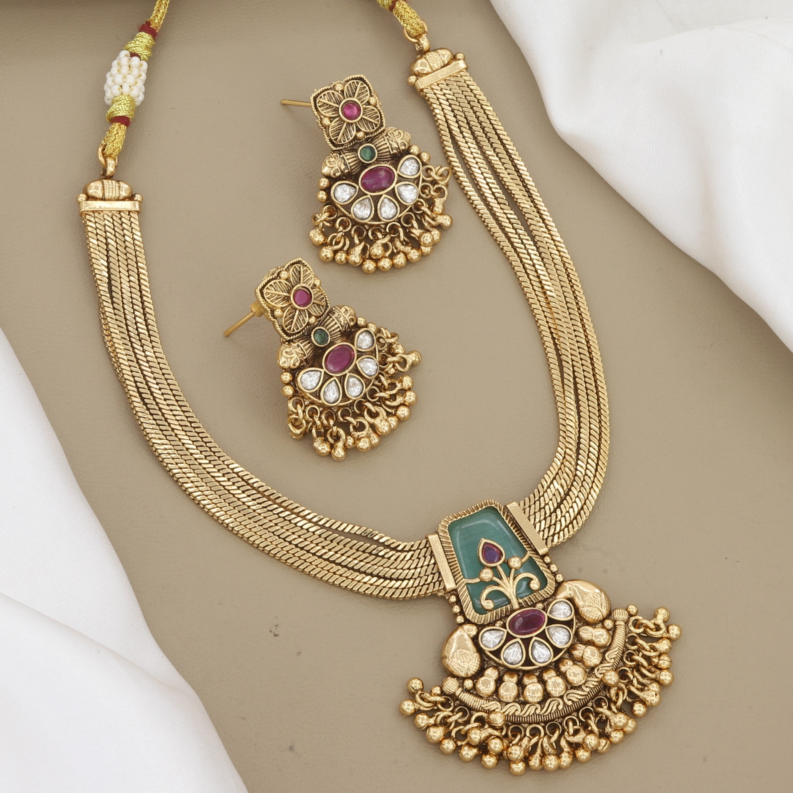 Antique Gold Multi-Strand Necklace Set with Green Stone & Kundan