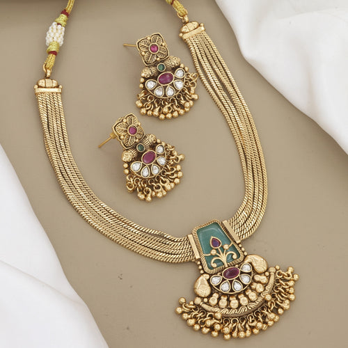 Antique Gold Multi-Strand Necklace Set with Green Stone & Kundan