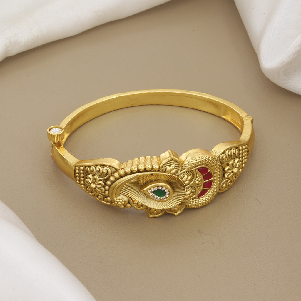 Antique Gold Plated Paisley Kada Bangle with Red & Green Stones