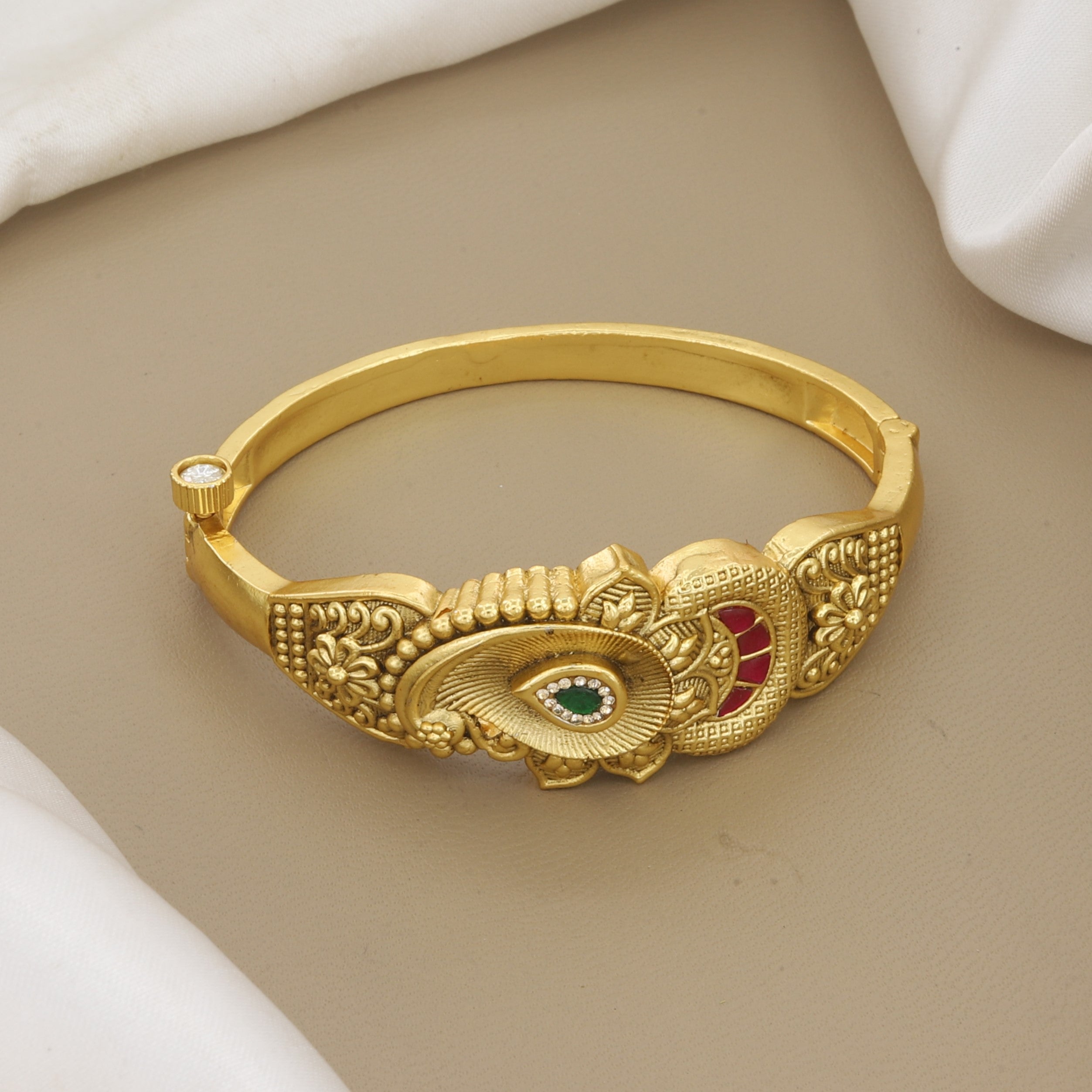 Antique Gold Plated Paisley Kada Bangle with Red & Green Stones