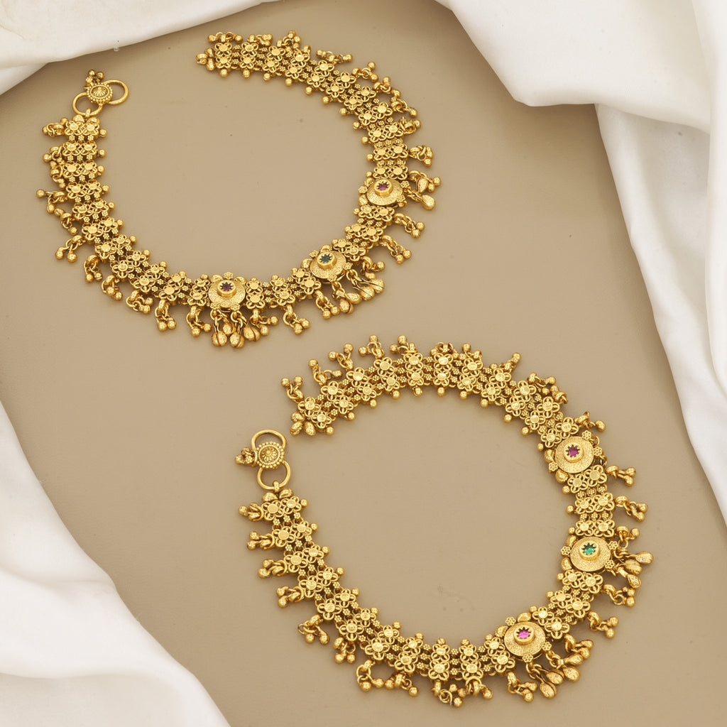 Intricate Antique Gold Plated Anklet with Stones & Bells