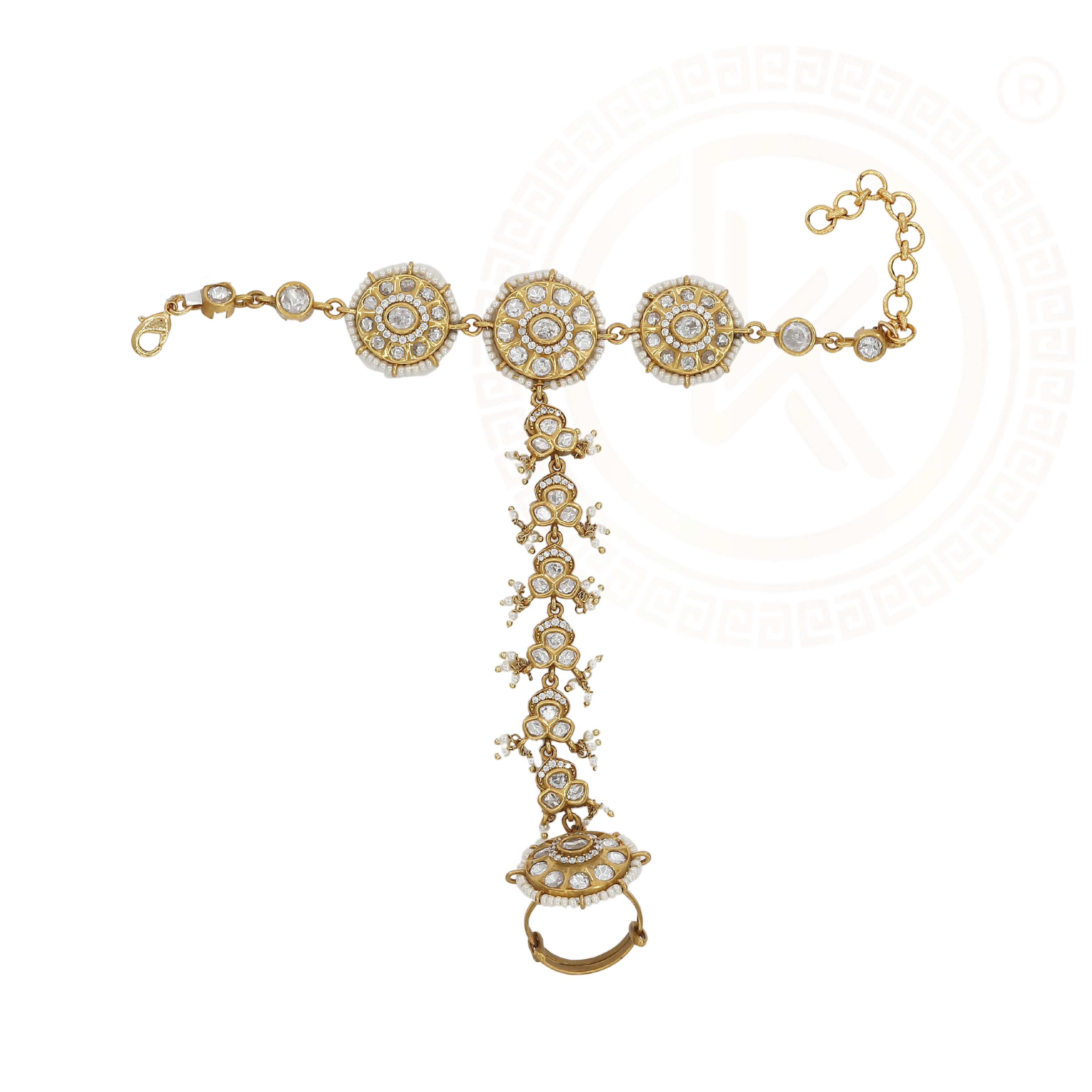 Traditional Gold Plated Hath Panja with Kundan & Pearls
