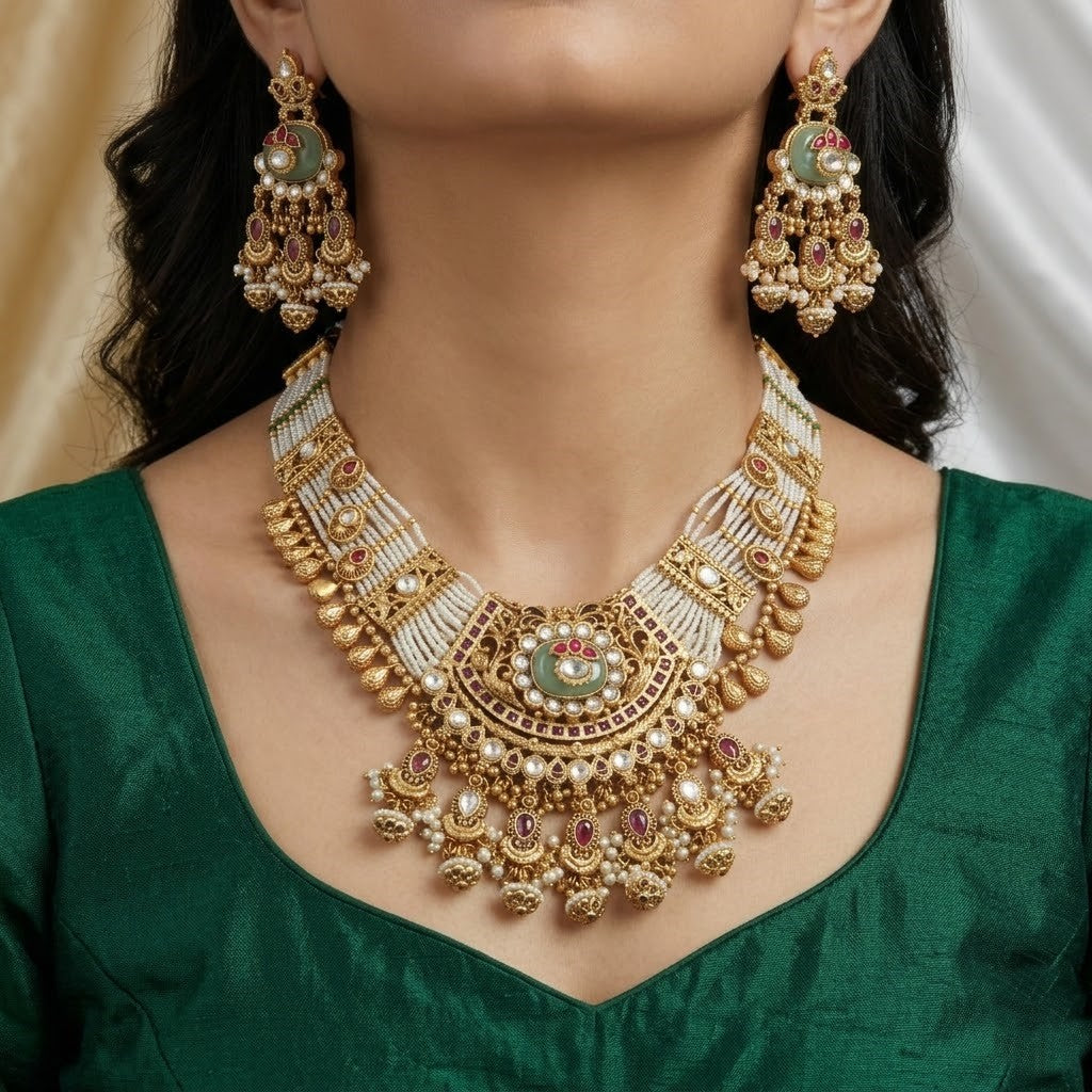 Opulent Polki Kundan Bridal Necklace Set with Pearls & Ruby Accents