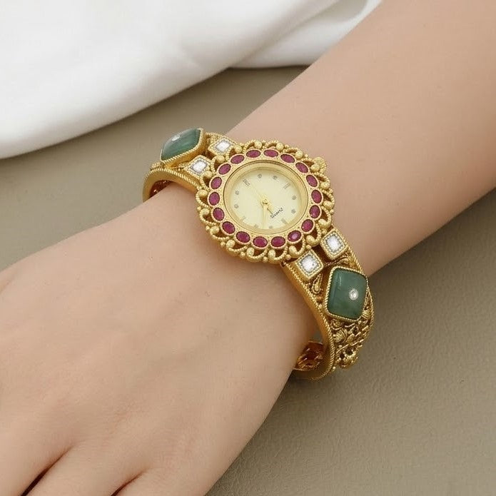 Ruby Red Bezel & Emerald Green Accent Watch Bracelet