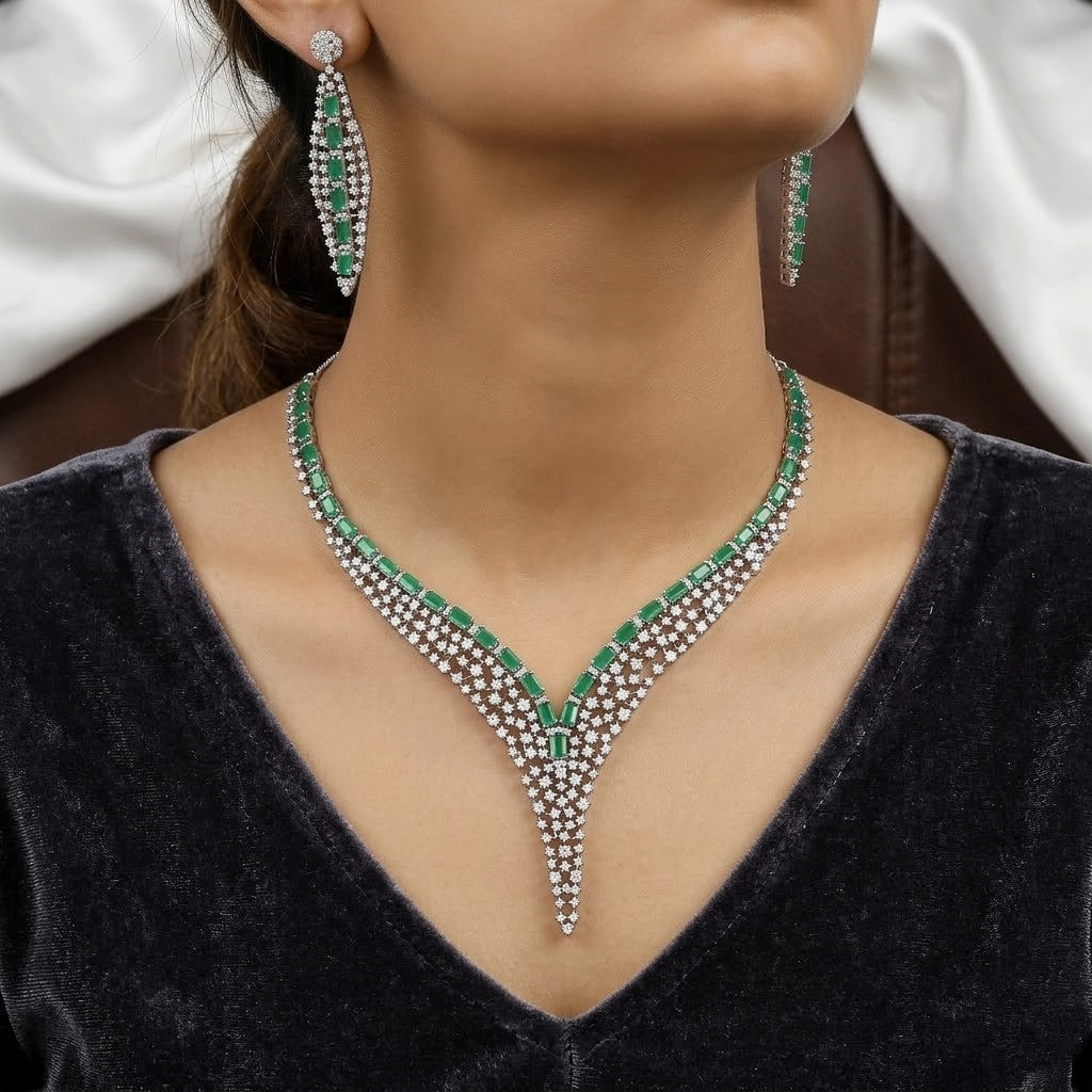 Silver Toned Luxurious Emerald Green & CZ V-Neck Necklace Set