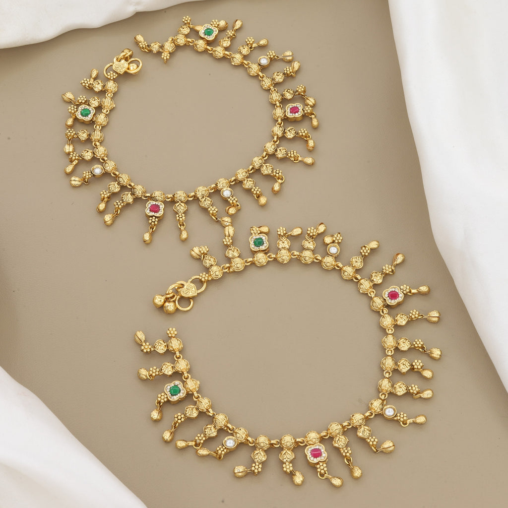 Pair Of 2 Traditional Gold Plated Payal with Ruby & Emerald Stones