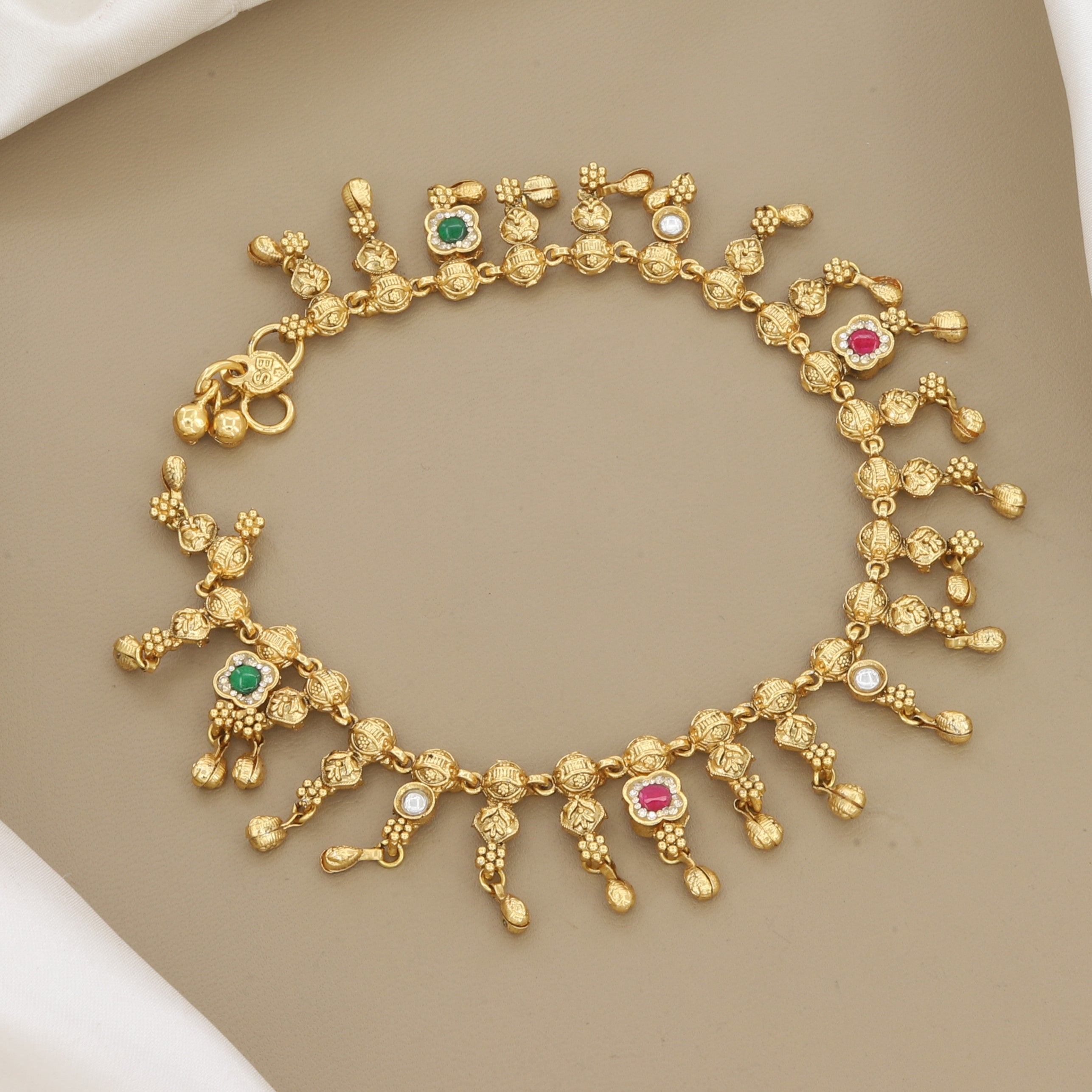 Pair Of 2 Traditional Gold Plated Payal with Ruby & Emerald Stones