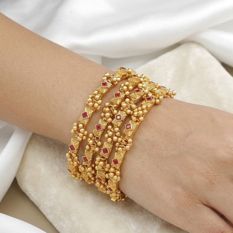Traditional Antique Ghughri Bangle Set with Ruby Stones