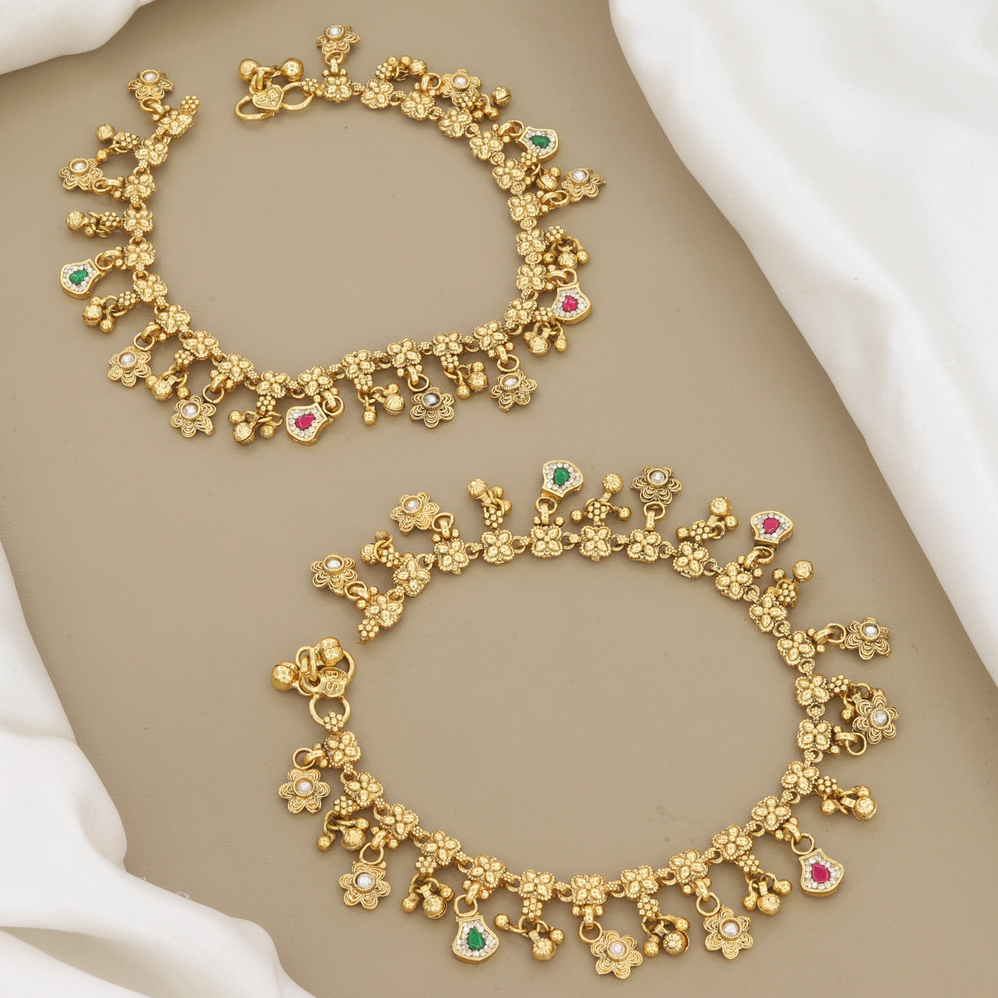 Pair of 2 Traditional Antique Gold Floral Anklet