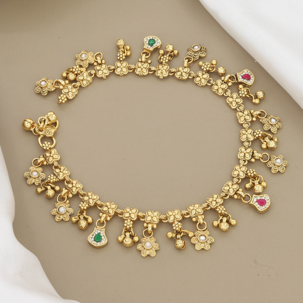 Pair of 2 Traditional Antique Gold Floral Anklet