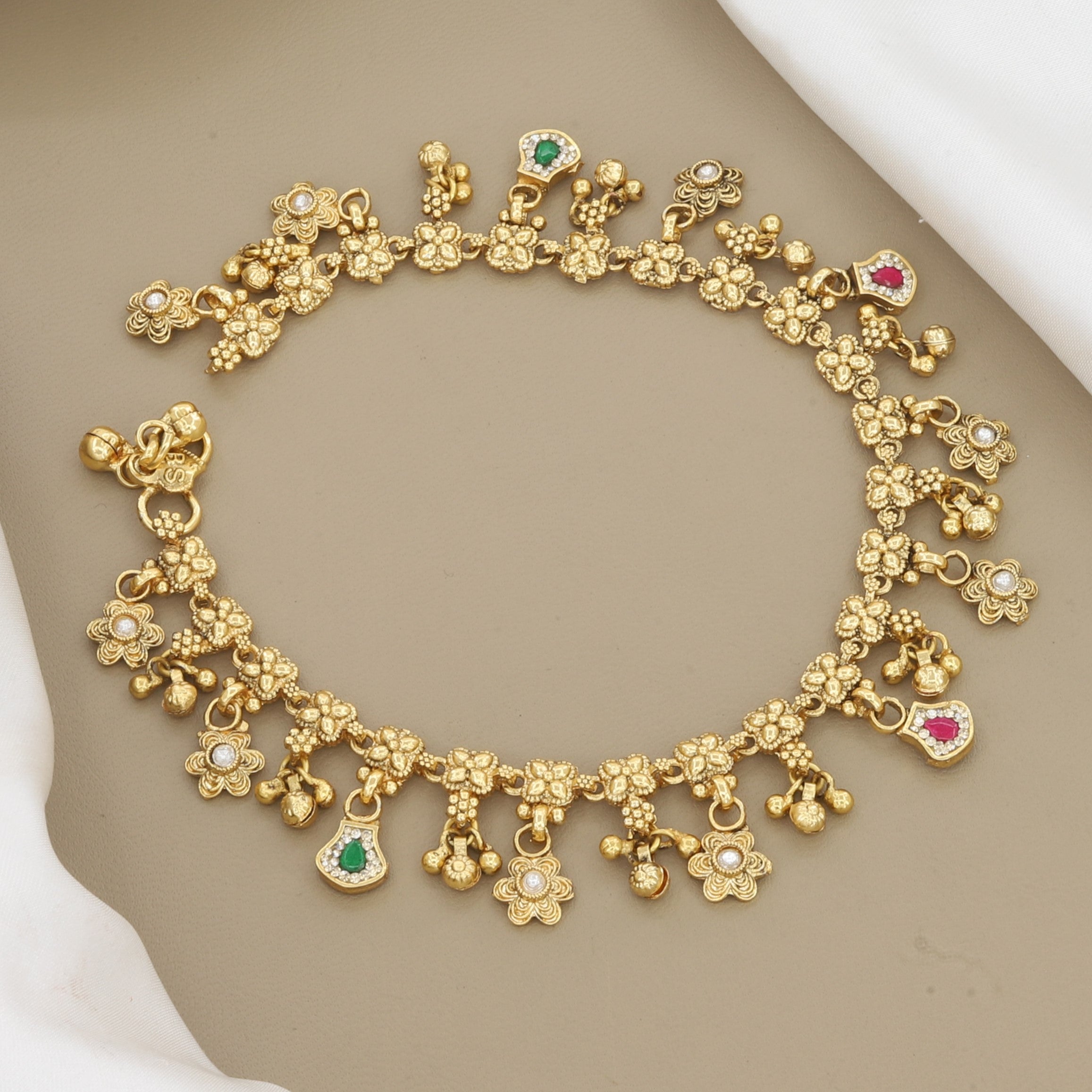 Pair of 2 Traditional Antique Gold Floral Anklet
