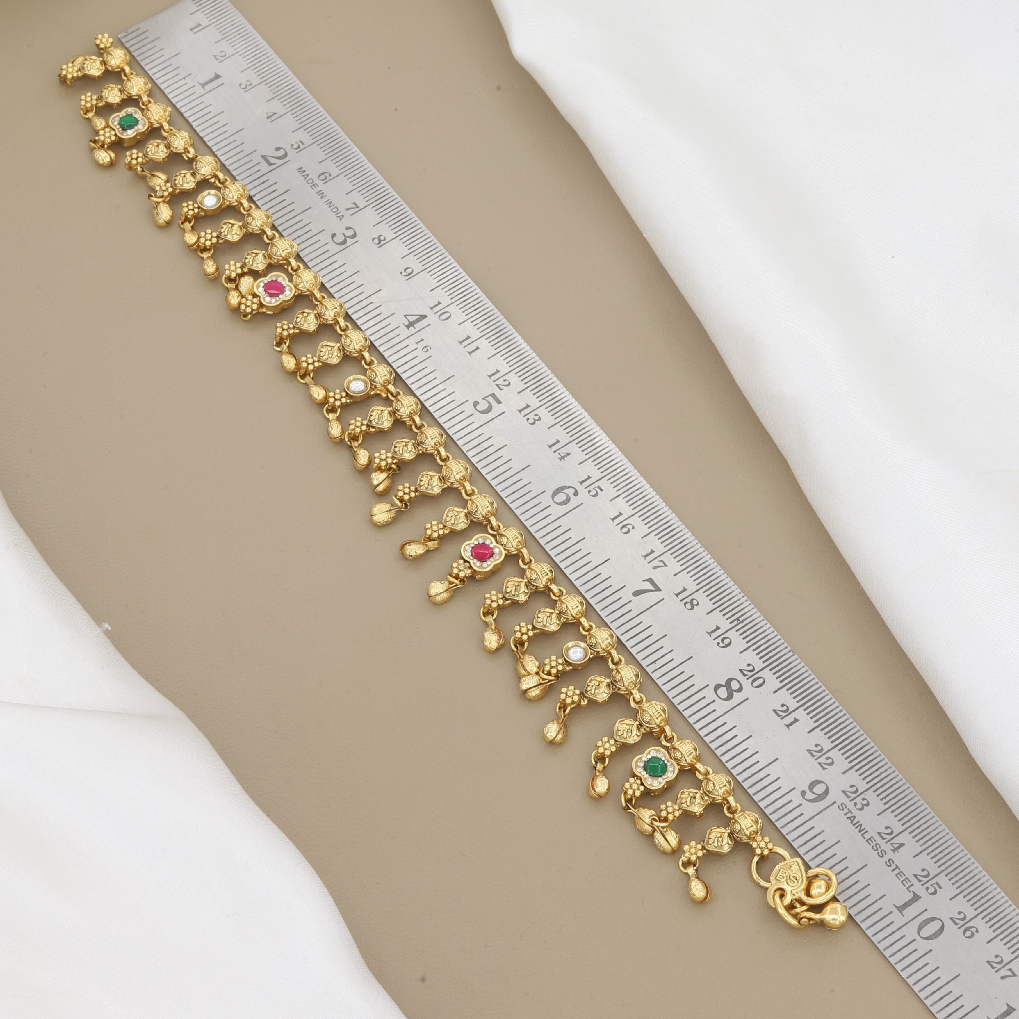 Pair Of 2 Traditional Gold Plated Payal with Ruby & Emerald Stones