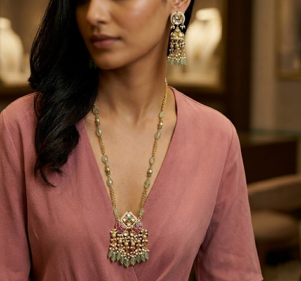 Elegant Kundan Necklace Set with Green Beads & Pearl Detailing