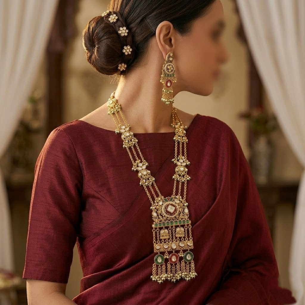 Grand Gold-Plated Meenakari & Pearl Jhumki Necklace Set