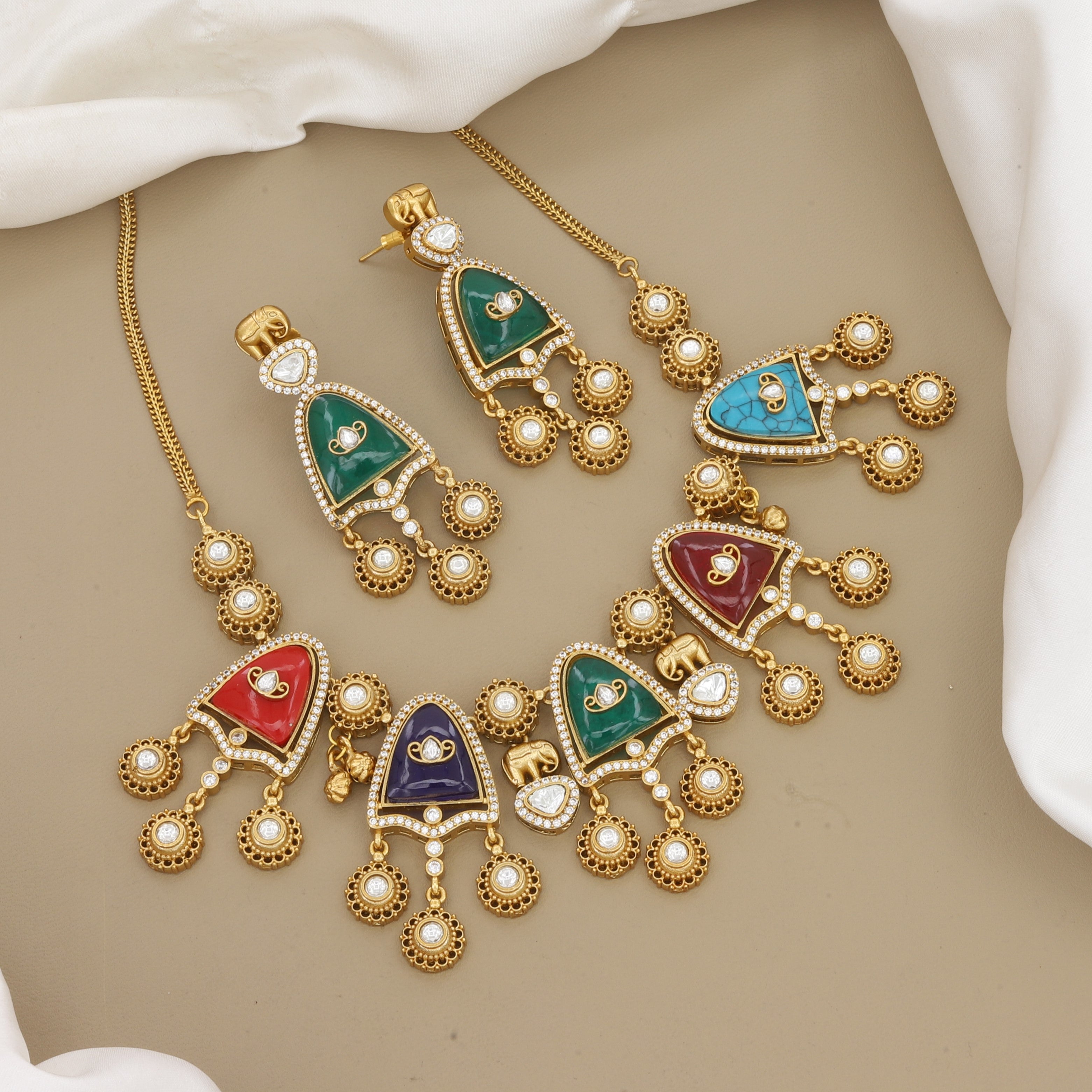 Multi-Color Statement Necklace Set with Elephant Motifs