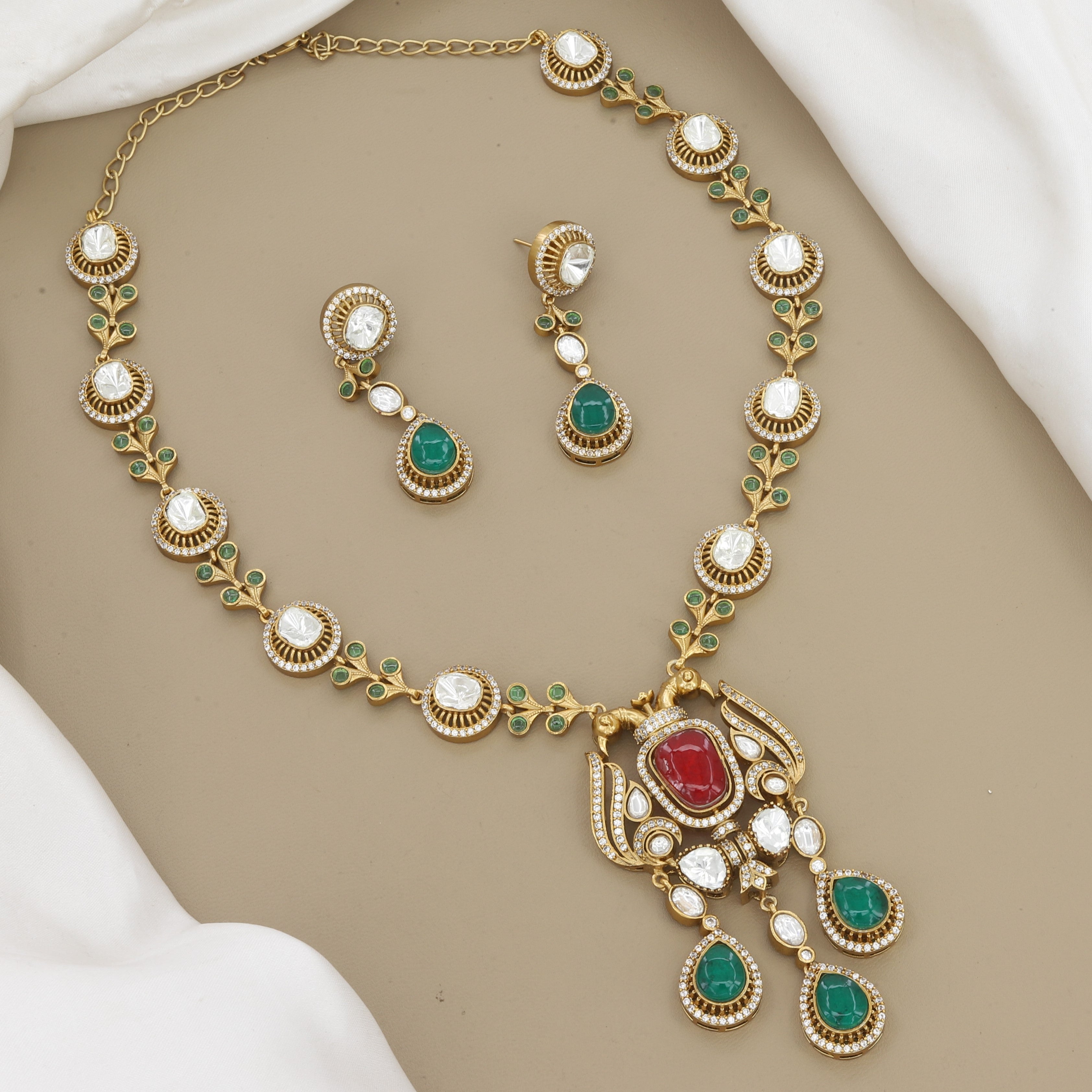 Ruby & Emerald Luxury Jadau Polki Necklace Set