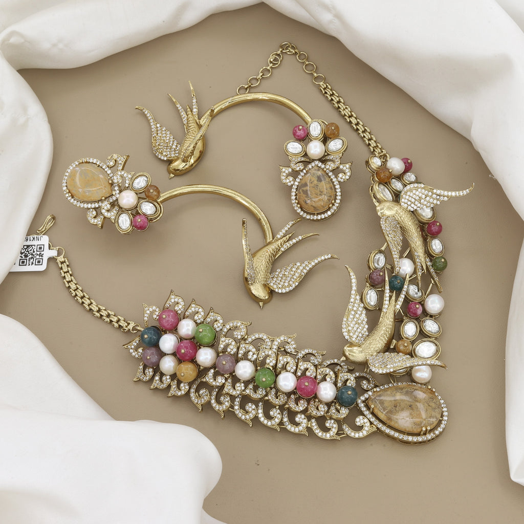 Multi-Color Gems Bird Motif Gold Statement Necklace Set
