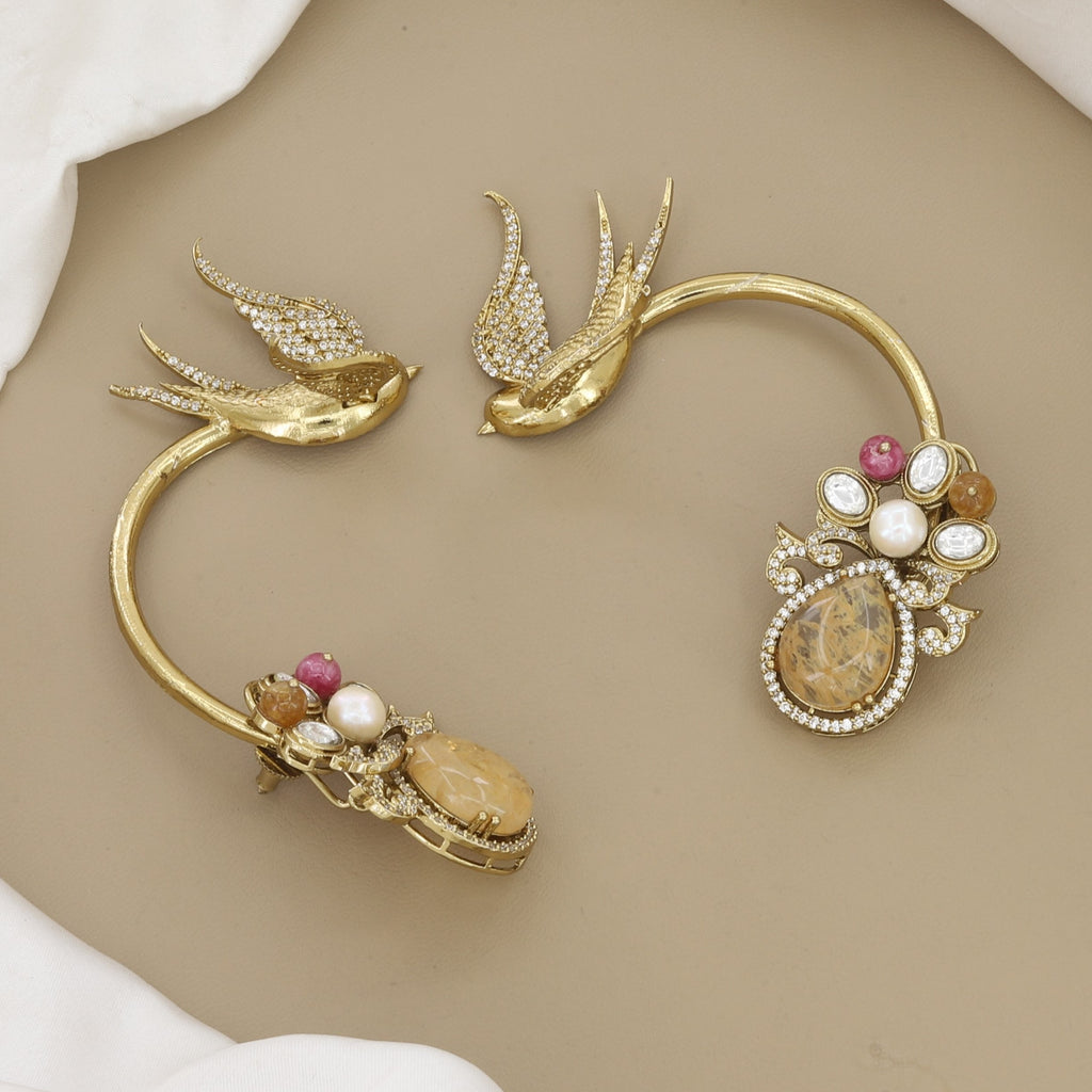 Multi-Color Gems Bird Motif Gold Statement Necklace Set