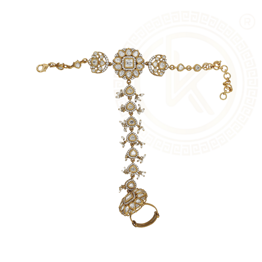 Finely Crafted Gold Hath Bracelet with Kundan Pearls